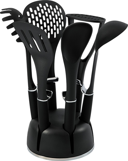 Schäfer 7-tlg. Küchenhelfer-Set Ergonomische Griffe Küchenbesteck Küchenhelfer Küchenutensilien Kochzubehör Set Metallic Schwarz