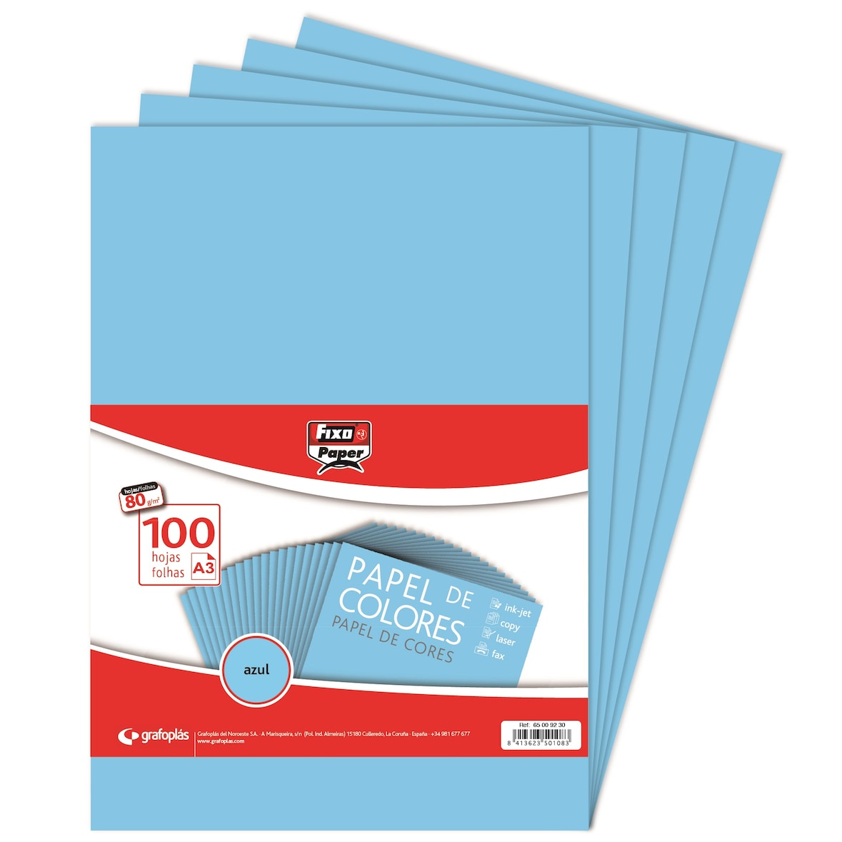 Pacote de 100 folhas Papel colorido A3 80g Azul