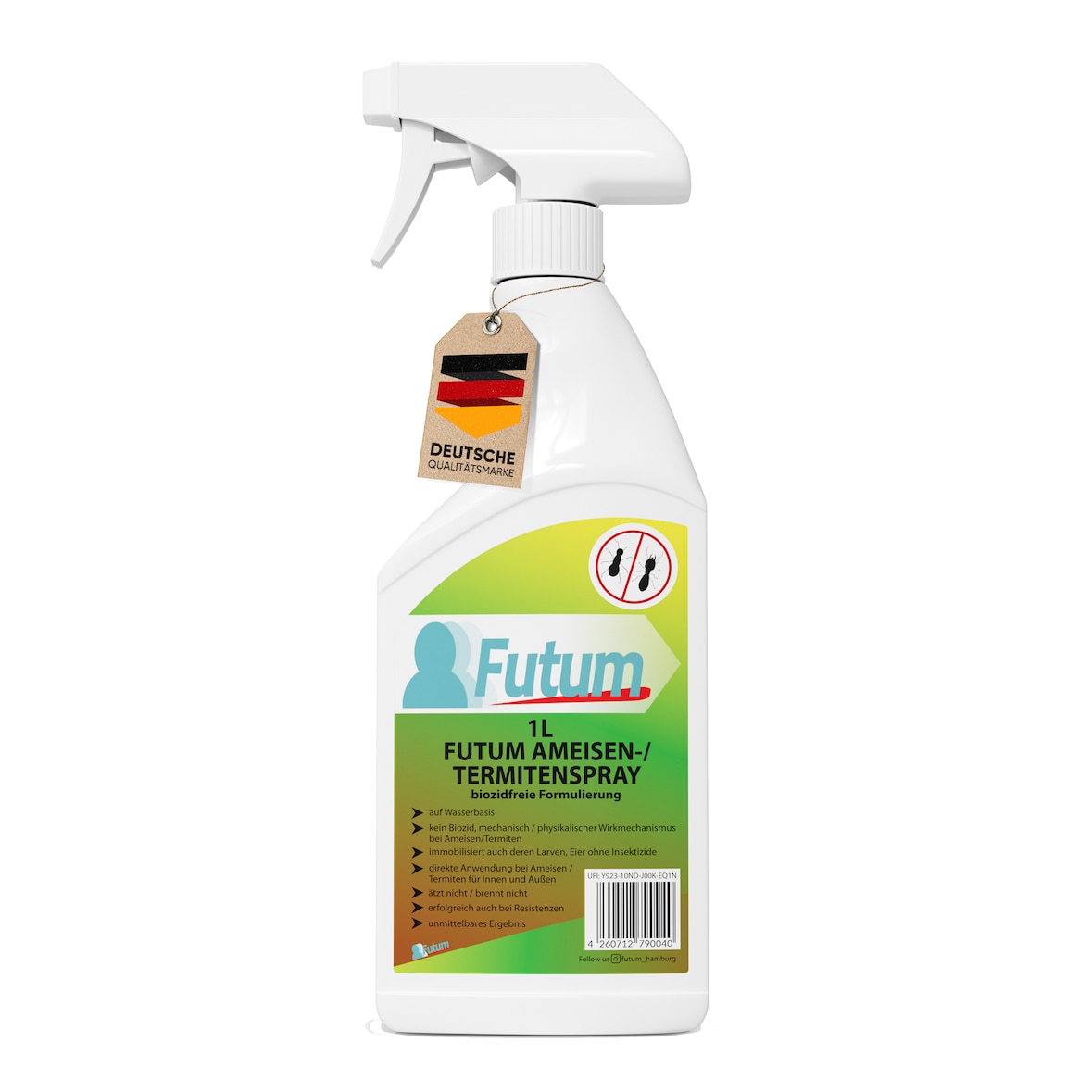 FUTUM 1L Ameisenspray / Termitenspray bekämpft Insekten, Eier, Larven, Insektenspray ohne Biozide auf Wasserbasis,  Sofortwirkung ohne Flecken
