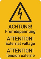 thumbnail of Warnschild, Fremdspannung (3-sprachig), Folie - ISO 7010 - 37x52 mm Folie selbstklebend