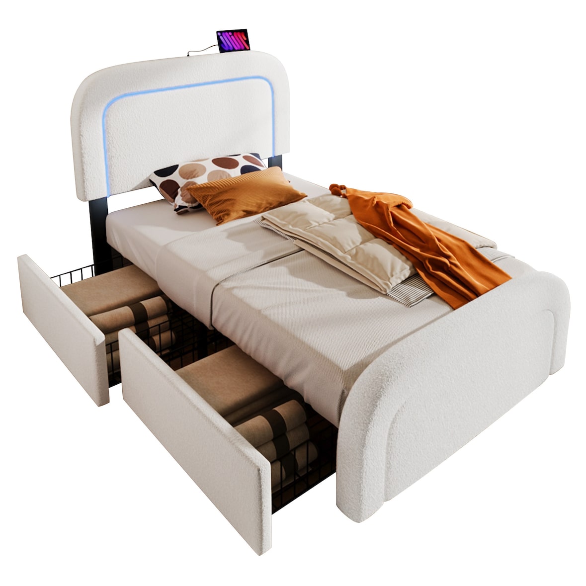 Merax Polsterbett mit USB Typ C Ladefunktion LED-Beleuchtung und 2 Schubladen, Einzelbett 90x200cm, Höhenverstellbarem Kopfteil, Sherp-Weiß
