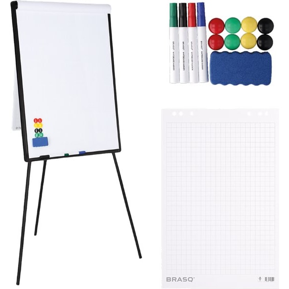 BRASQ Flipover - 70x100cm - Verstelbaar Whiteboard - Incl. 25 vellen papier, 4 Stiften, 8 Magneten, Wisser - met Haken - Aluminium Zwart