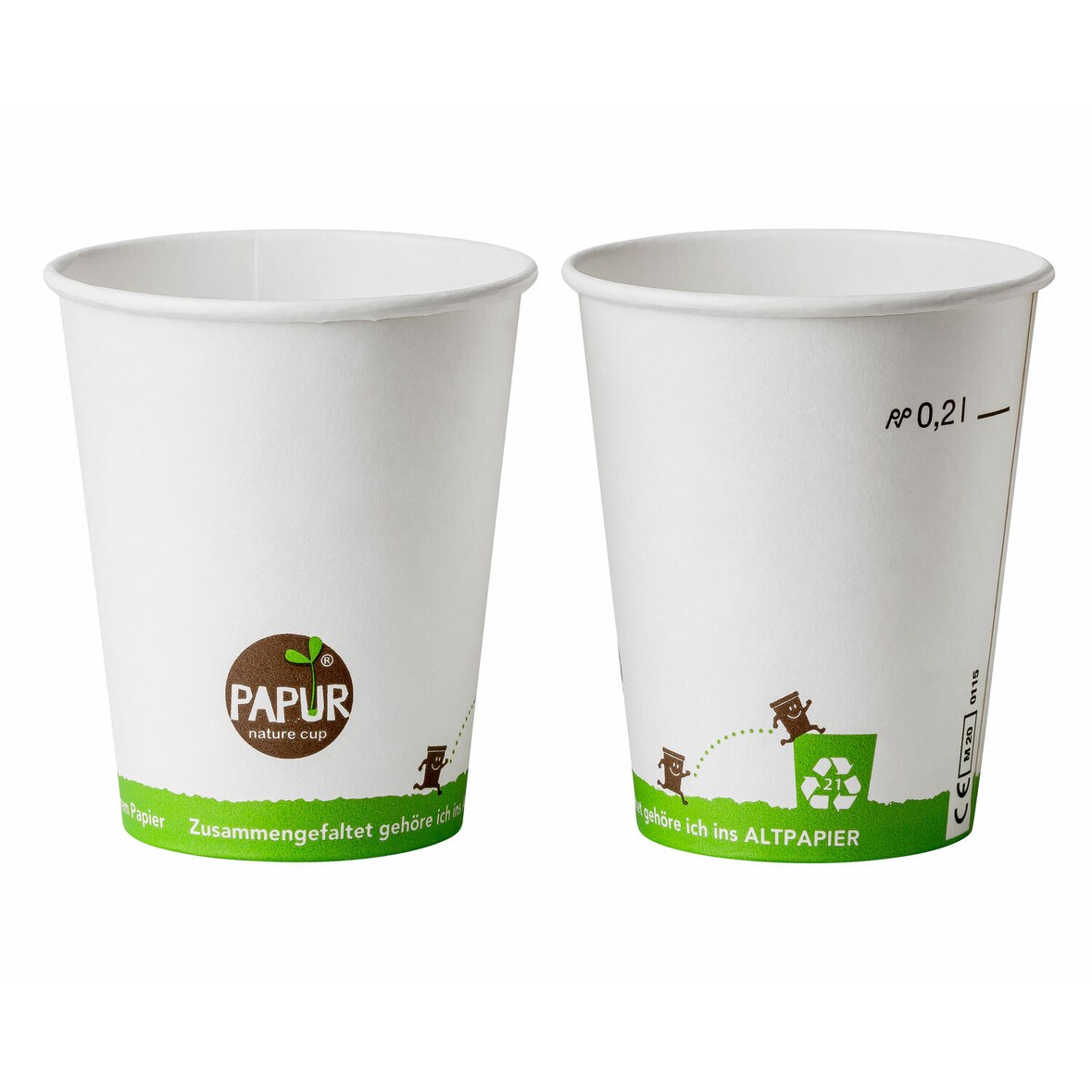 150x Bio Heissgetränkebecher Pappbecher PAPUR 80mm O mit Eichstrich 200 ml