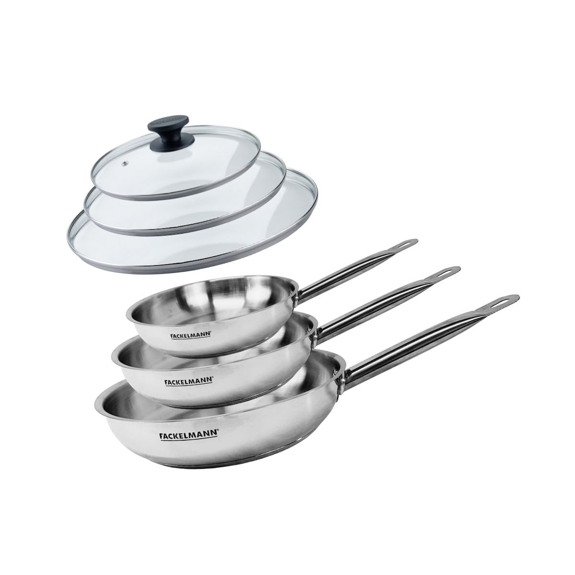 Set mit 3 Bratpfannen 20, 24 und 28 cm aus Edelstahl und 3 Glasdeckeln Fackelmann Eterna