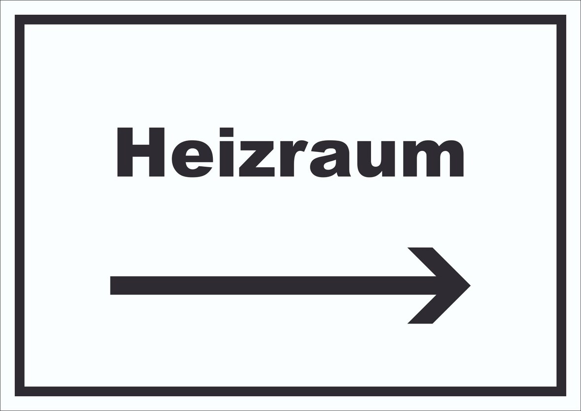 Heizraum Schild mit Text und Richtungspfeil rechts Heizung Wärme waagerecht A2 (420x594mm)