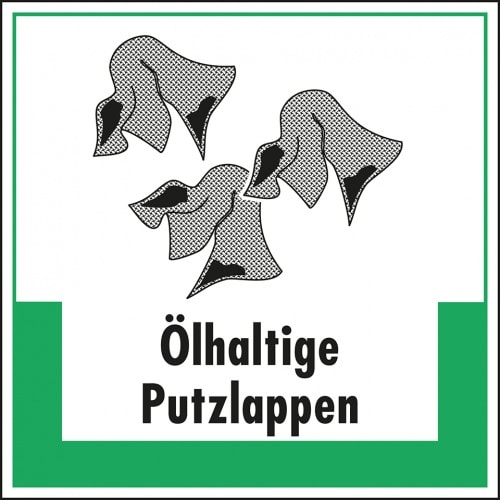 Schild I Abfallkennzeichen Ölhaltige Putzlappen, mit Symbol und Text, Kunststoff, 200x200mm