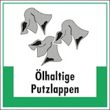 thumbnail of Schild I Abfallkennzeichen Ölhaltige Putzlappen, mit Symbol und Text, Kunststoff, 200x200mm
