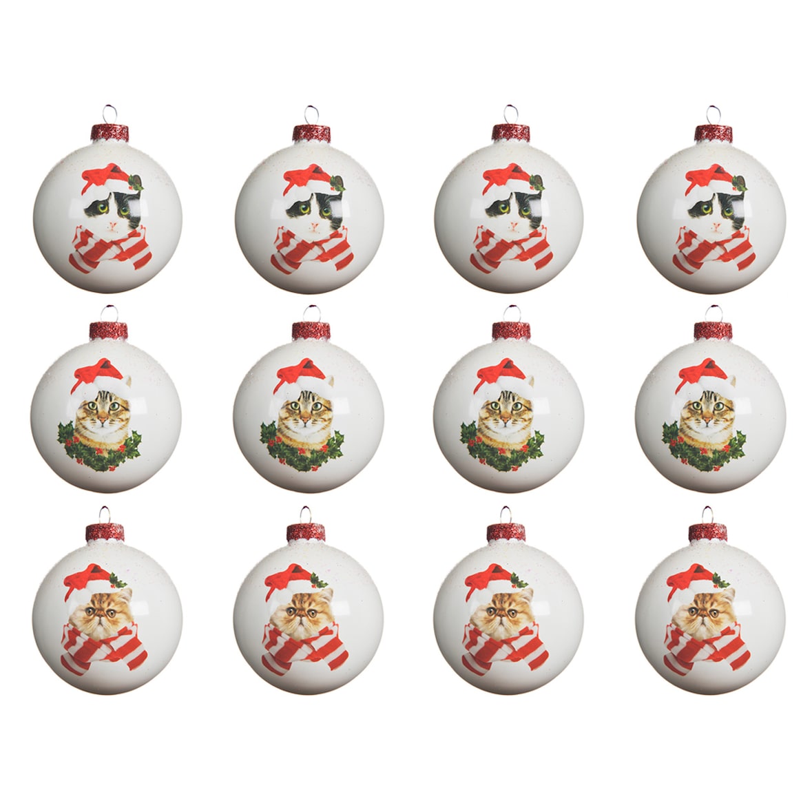 12 Weihnachtskugeln 8cm Glas Motiv Katze Weihnachtsmütze Christbaumkugeln weiß