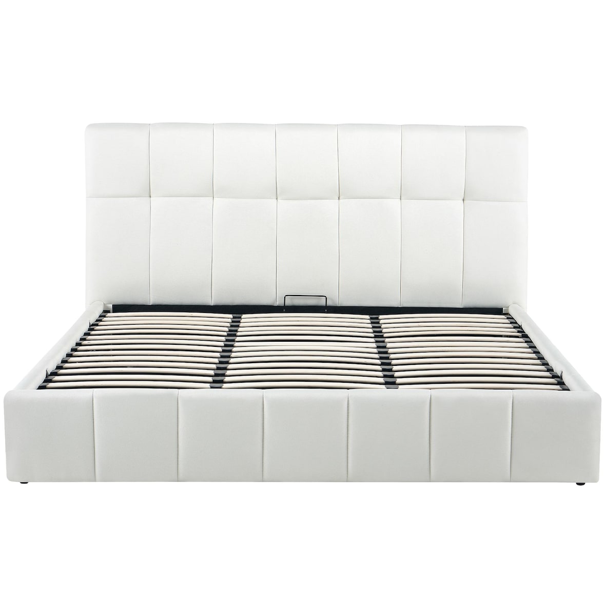 Bett NEGAD - Stoff Creme 194x206x30 cm | Bett 180x200 Polsterbett Mit Bettkasten Gepolsterte Kopfteil Steppnähte Massivholzrahmen