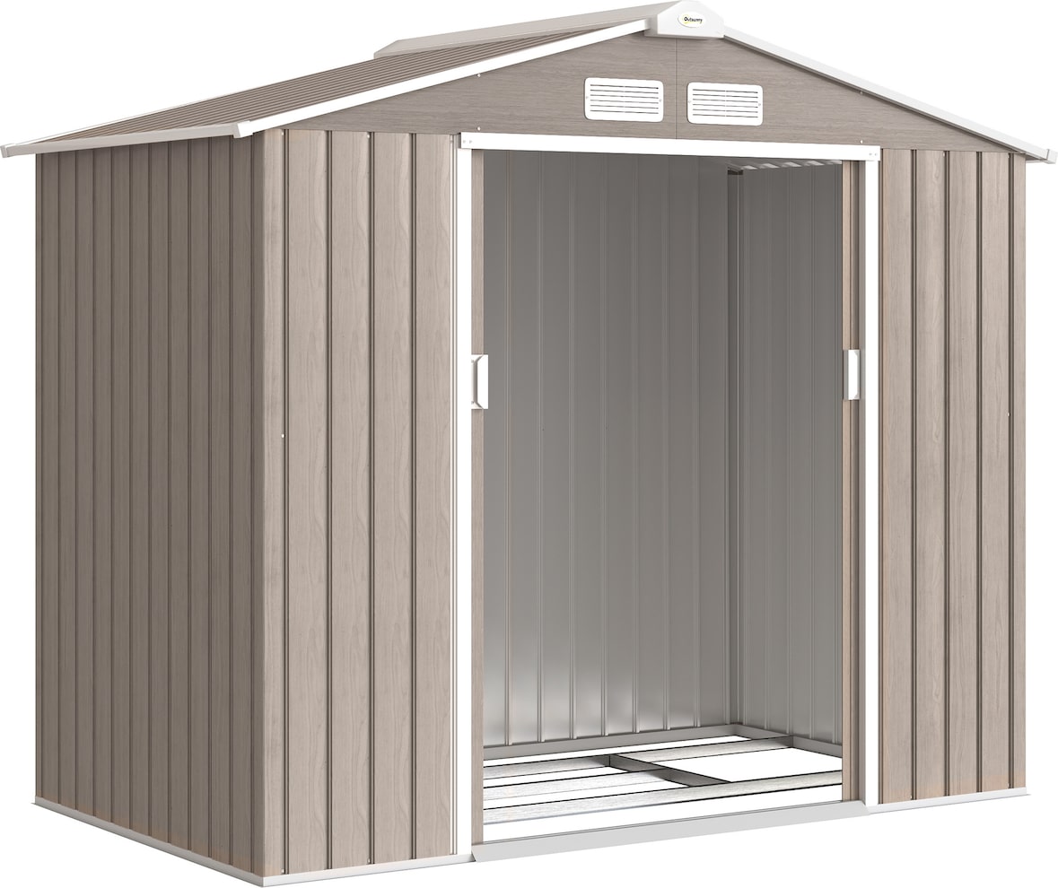 Outsunny caseta de jardín exterior 2,42 m² 213x130x185 cm con puerta corredera techo inclinado y 4 ventanas para patio terraza efecto madera