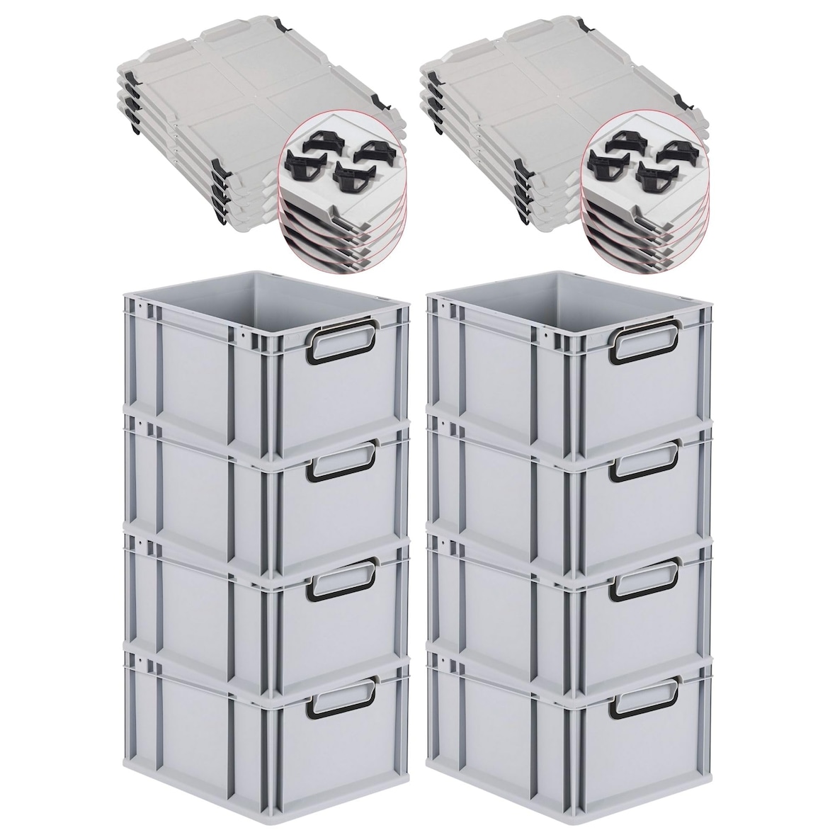 PROREGAL SuperSparSet 8x Eurobox NextGen Color mit Auflagedeckel & Verschlüsse, HxBxT 22x30x40cm, 20L, Grau, Griffe schwarz zu, Eurobehälter