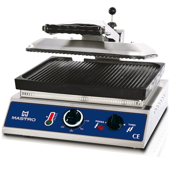Contactgrill met geribbelde gietijzeren platen, onderste grillplaat 350×350 mm