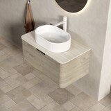thumbnail of Badezimmer-Waschtisch 50×80×46 cm mit ovalem Waschbecken aus Keramik und Travertin-Sintersteinplatte, Eiche Beige+Off White+Weiß