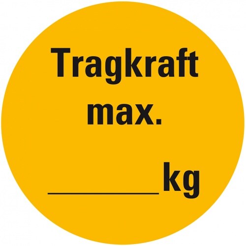 Aufkleber I Plakette Tragkraft max..., kg, gelb/schwarz, Dokumentenfolie, selbstklebend, Ø 30mm, 18/Bogen