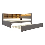 thumbnail of Schlafsofa 140x200 ausziehbar 90x190 mit LED-Beleuchtung, USB/Type-C-Anschlüssen und Stauraum – modernes Flanell Dunkelgrau