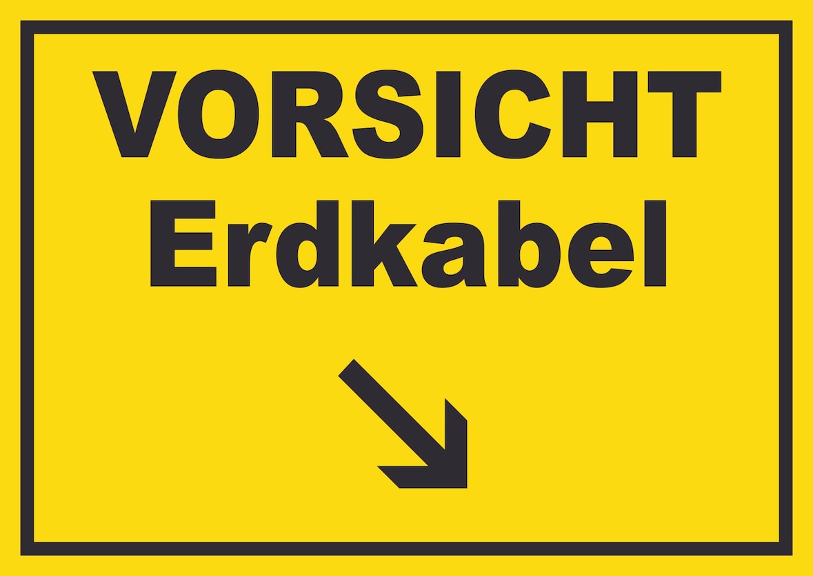 Vorsicht Erdkabel mit Richtungspfeil rechts unten Schild A5 (148x210mm)