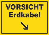 thumbnail of Vorsicht Erdkabel mit Richtungspfeil rechts unten Schild A5 (148x210mm)