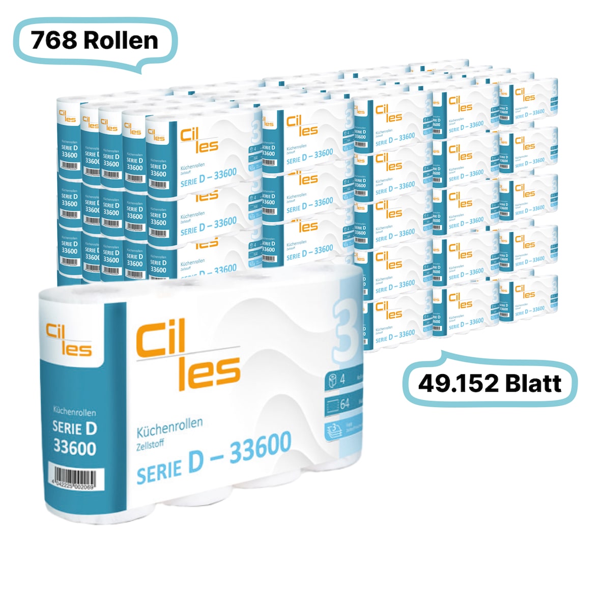 Küchenrollen, 3-lagig, 768 Rollen, 49.152 Blatt gesamt, 64 Blatt /Rolle, 100% Zellstoff, CIL-les Tissue, Series D