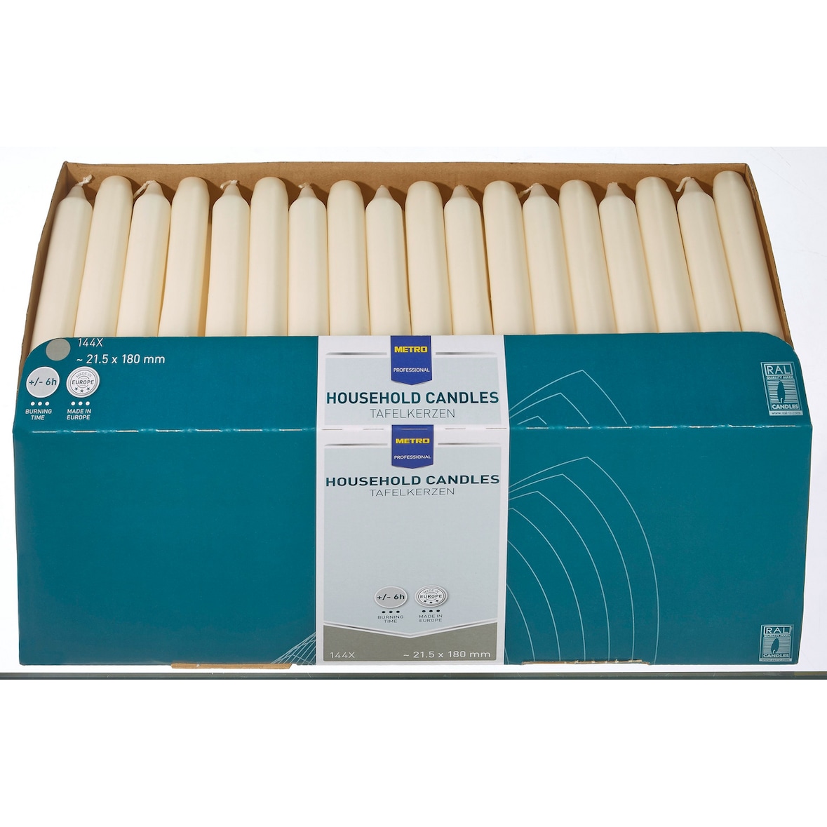 METRO Professional Tafelkerzen, Paraffin, Ø 2.15 x 18 cm, Leuchtdauer von ca. 6 Stunden, elfenbein, 144 Stück