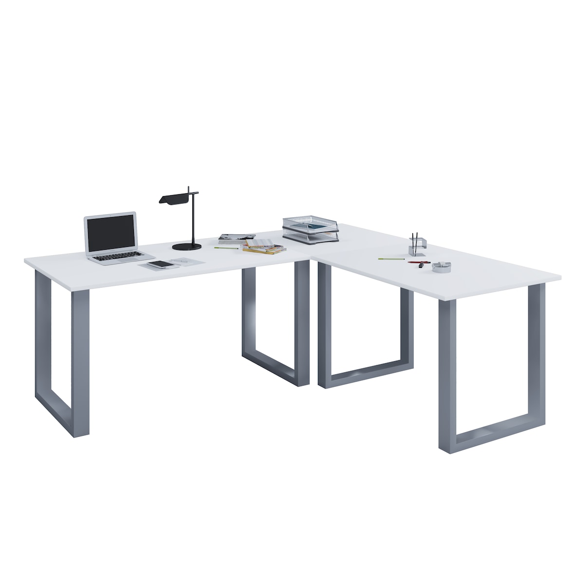 VCM Schreibtisch Lona Silber / Weiß H. 76 x B. 160 x T. 130 cm