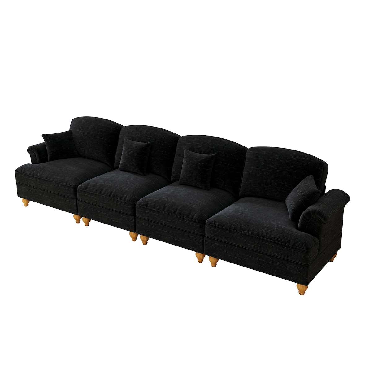 Sofa 4-Sitzer Mid-Century-Chenille Schwarz 350x83x93 cm mit abnehmbarem Rüschenschürze und komfortablen Sitz