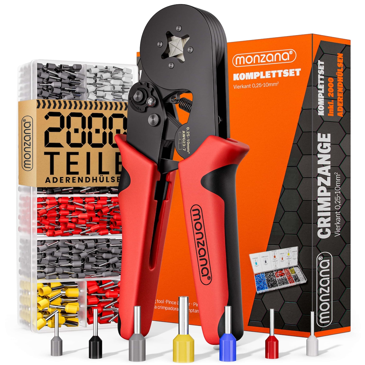 MONZANA® Crimpzange Set mit 2000 Aderendhülsen 0.5-10mm² und Aufbewahrungstasche