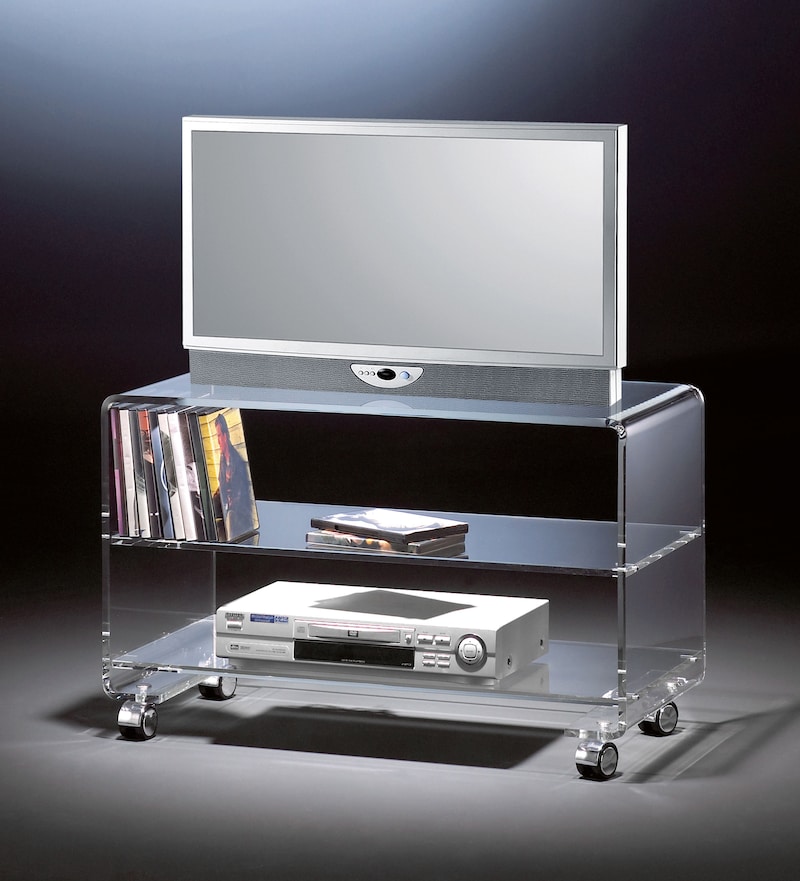 Hochwertiger Acryl-Glas TV-Wagen / TV-Tisch mit 4 verchromten Rollen, klar, 80 x 40 cm, H 50 cm, Acryl-Glas-Stärke 10 mm