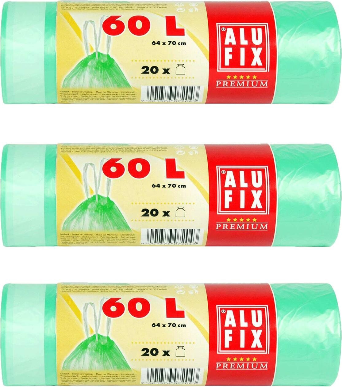 120x ALUFIX Müllsäcke Müllbeutel mit Zugband 60L HDPE 64x70 cm grün