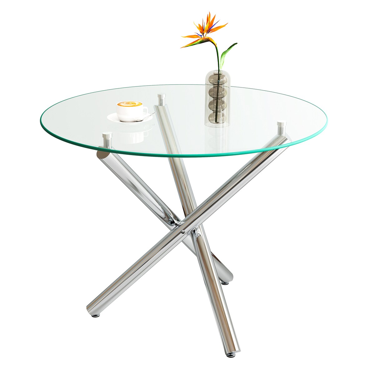 Runder Esstisch Glas Metall Silber, transparente Tischplatte, Kreuzfuß, verstellbare Gleiter, für 2-4 Personen
