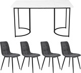 thumbnail of Essgruppe 140x80x75 mit 4 Stühlen, MDF Tischplatte Marmor-Muster, Weiß, Metallgestell, Verstellbare Tischbeine für Esszimmer und Küche