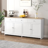 thumbnail of Sideboard Buffetschrank Landhausstil 160x37x75 cm, Weiß + Holzfarbe, mit Schubladen, Türen, verstellbaren Regalen, Küchen- und Wohnzimmerschrank