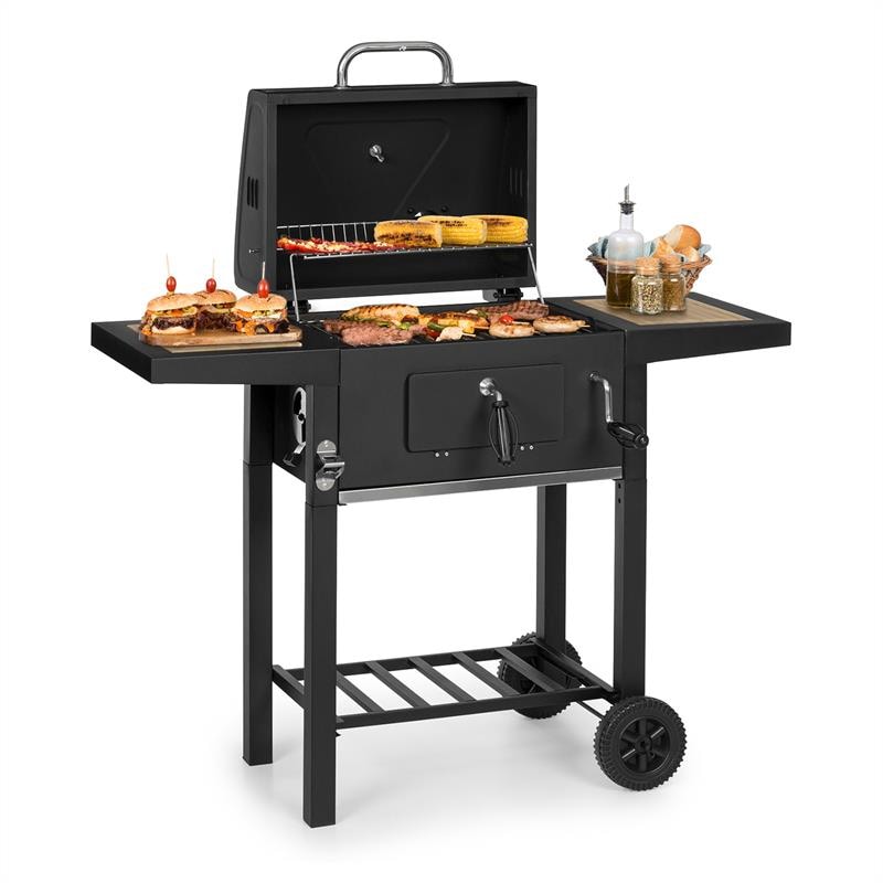 Meat Machine Holzkohlegrill BBQ 45x32,5cm Thermometer Bodenrollen Schwarz