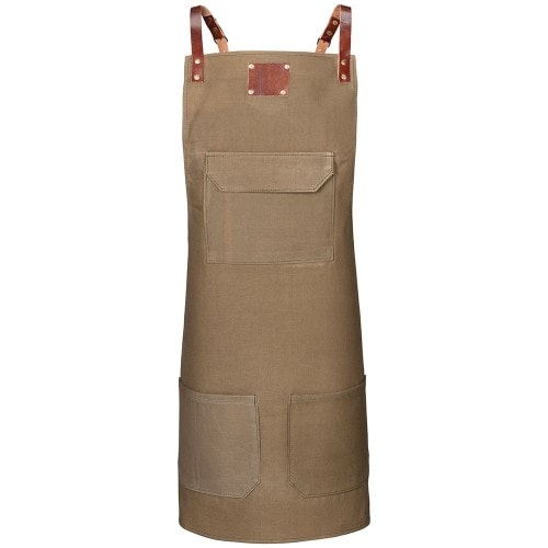 149 - Vintage Latzschürze, X-Rückenbindung, B 75 cm x L 89 cm : olive 100% Baumwolle (mit Ledertaschen)