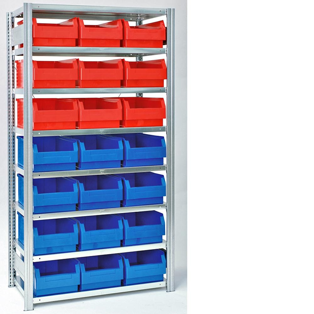 PROREGAL Sichtlagerkastenregal | Grundregal | HxBxT 200x87x40cm | 8 Ebenen | Fachlast 150kg | inkl. 21 Sichtlagerkästen | Verzinkt
