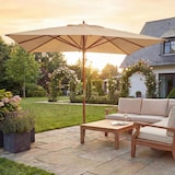 thumbnail of Gastronomie Holz-Sonnenschirm HWC-C57, Gartenschirm, Polyester/Holz 14kg, eckig 3x3m Seilzug stoßsicher ~ creme