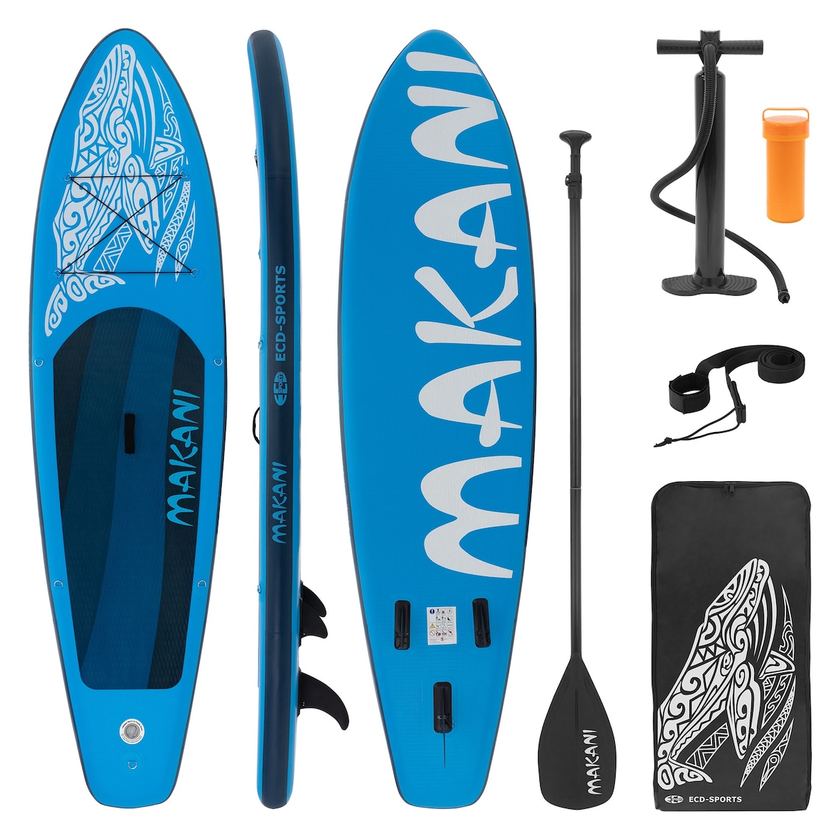 ECD Germany Aufblasbares SUP Board Makani 320×80×15 cm Blau – Komplettset mit Pumpe/Tragetasche/Zubehör, PVC, bis 120 kg