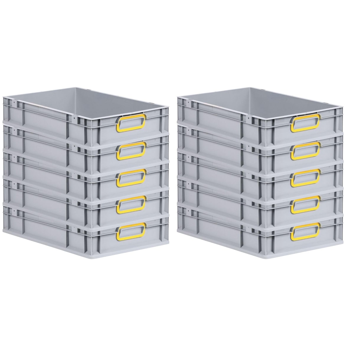PROREGAL SparSet 10x Eurobox NextGen Color, HxBxT 12x40x60cm, 23 Liter, Griffe gelb zu, Grau, Eurobehälter, Box, Transportbehälter