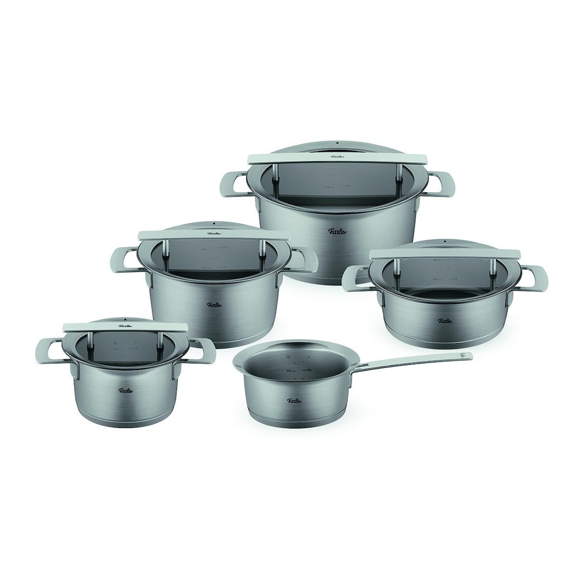 Fissler - Phi Collection - Set 5-teilig (Topf mit Glasdeckel 16 + 20 + 24 cm, Stielkasserolle 16 cm, Stielkasserolle mit Glasdeckel 20 cm)