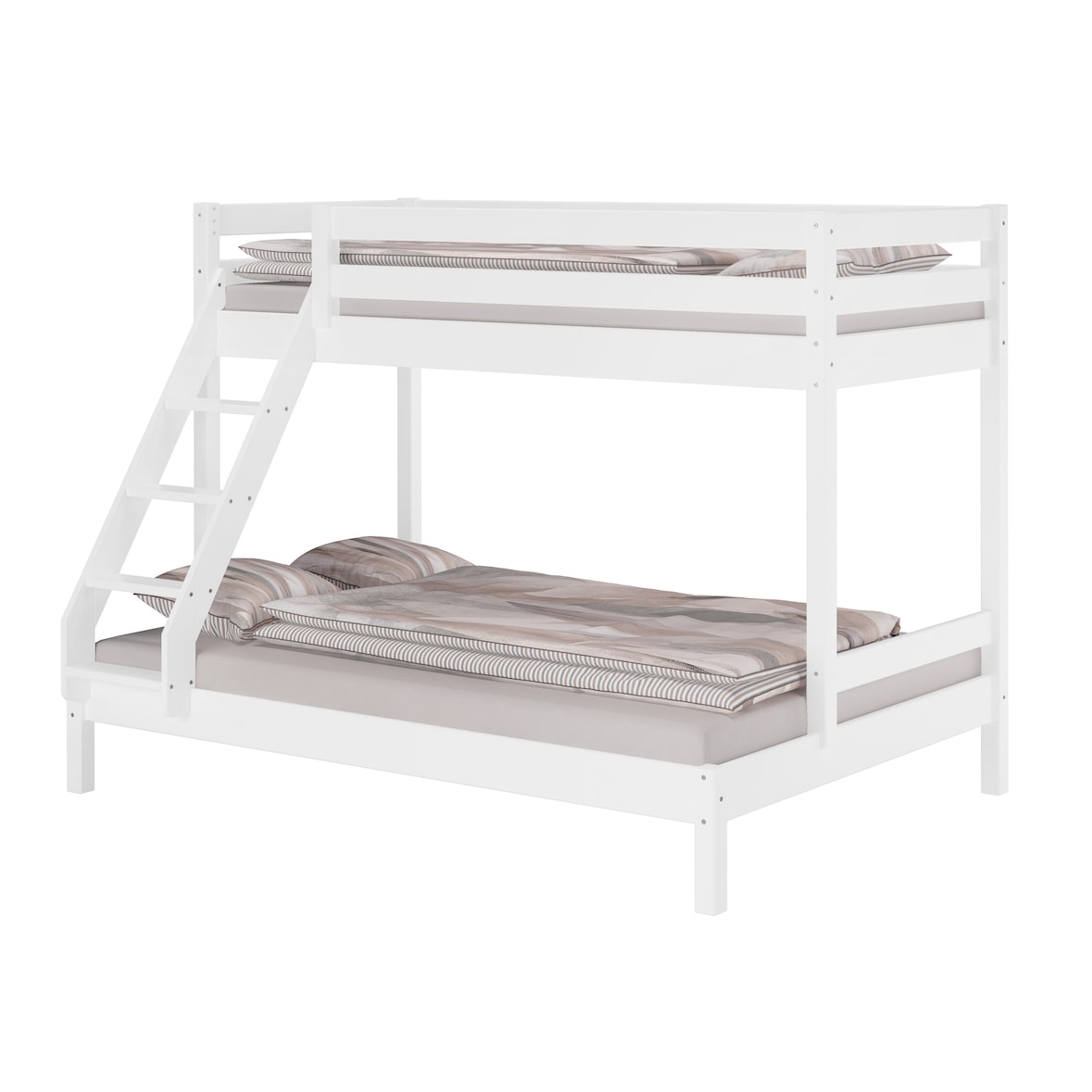 Doppel-Etagenbett 140x200 und 90x200 Erwachsenen-Stockbett Kiefer Massivholz weiß V-60.18W-09-14 Rollrost und Matratze inkl.