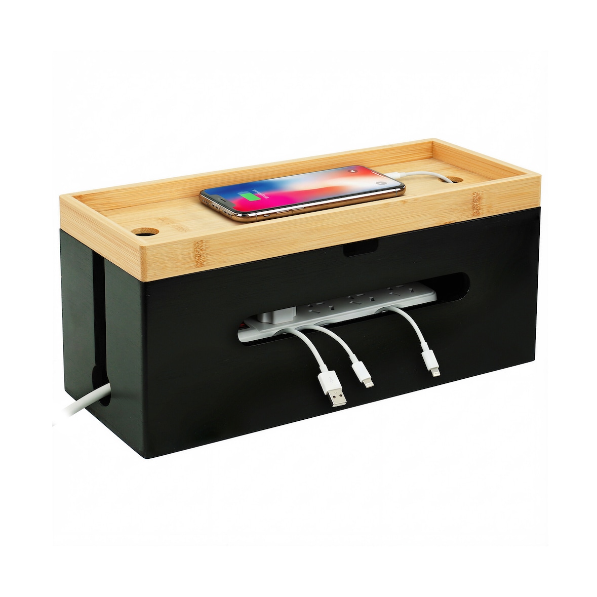 Relaxdays Kabelbox Bambus, HBT 16x34x13,5 cm, für 6fach Steckdose, Kabelversteck m. Deckel & Kabelbindern, natur/schwarz