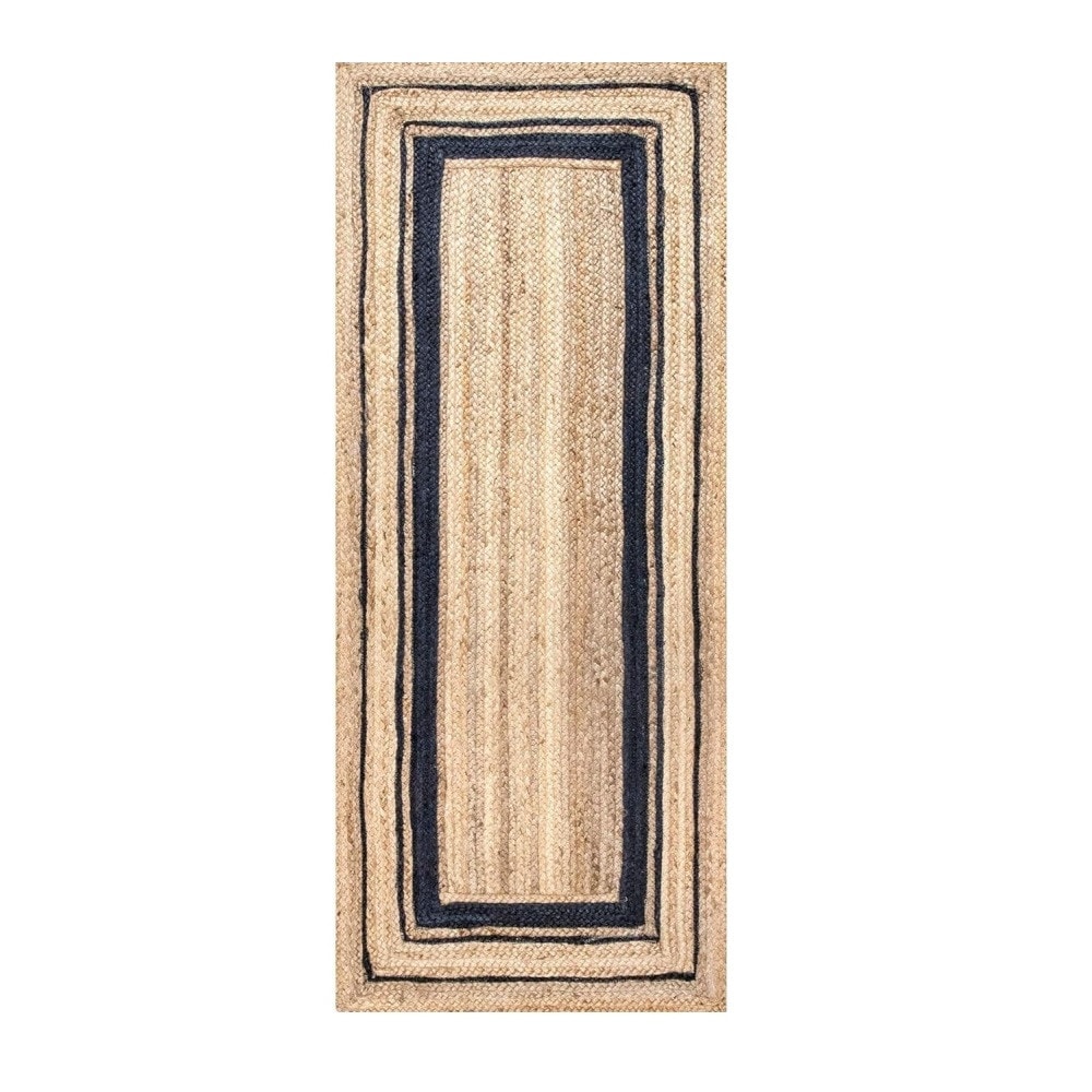 Alfombra de Yute Natural Trenzado Rectangular Beige con Negro 100% Hecho a Mano (60x110cm Beige/Negro)