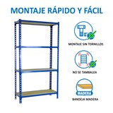 thumbnail of SimonRack Estantería Metálica, 1500x1100x400 mm, 4 Alturas, Bandeja Madera, 200 kg de Punto Flexión, Azul/Madera - Maderclick