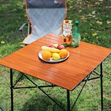 thumbnail of Mesa dobrável portátil espessada, para campismo, piquenique, praia, jardim, terraço em metal esmaltado com efeito madeira, 52x50x50cm