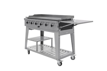 METRO PROFESSIONAL Plancha de gas con 6 quemadores, acero/acero inoxidable, 165x62x101 cm, mesa lateral, con funda protectora y ruedas, plateado