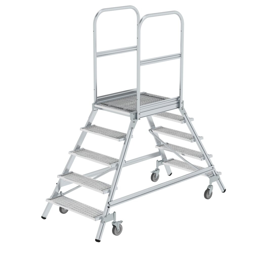 PROREGAL Podesttreppe beidseitig begehbar mit Federrollen | Stahl-Gitterrost | 5 Stufen | Rutschsichere Leiterschuhe