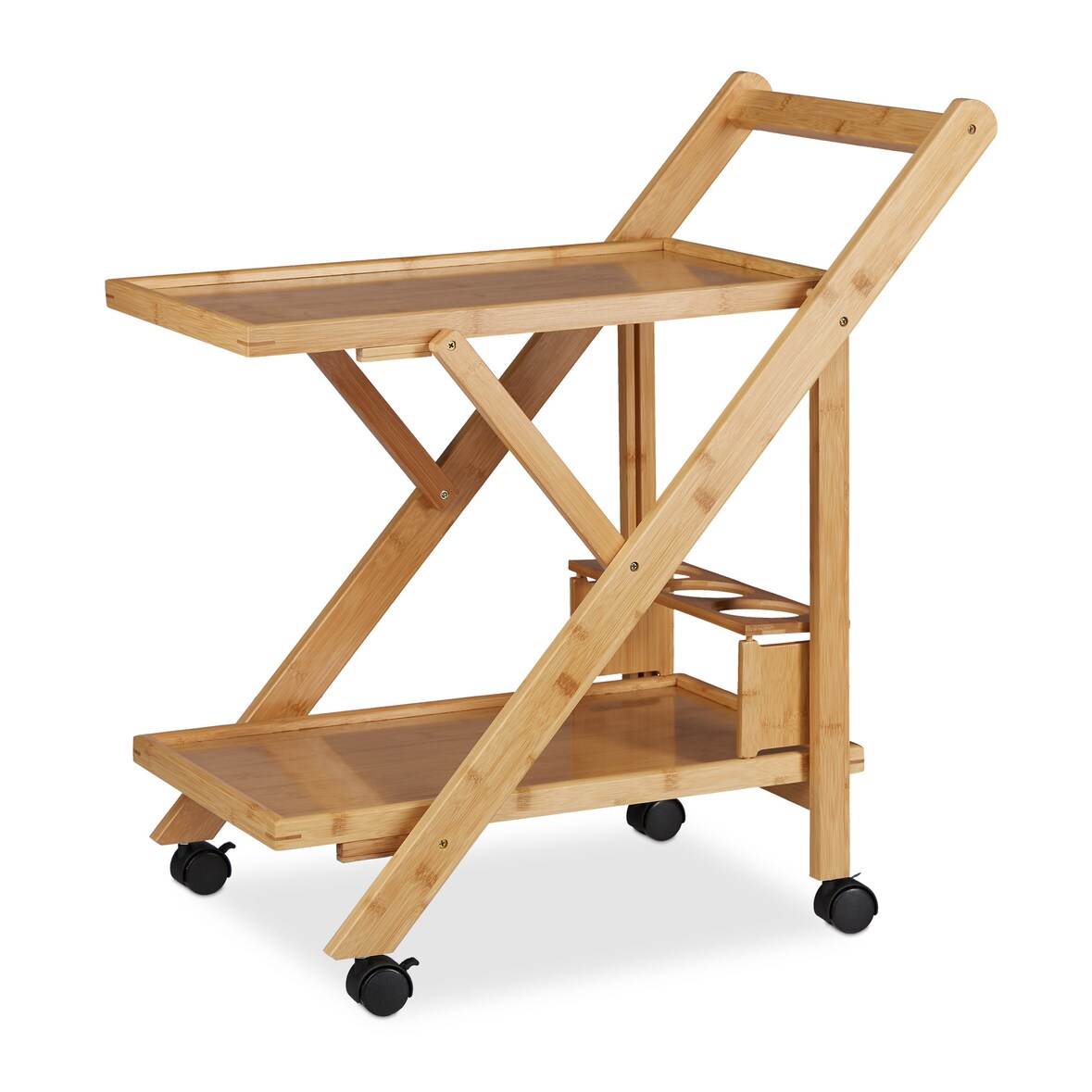 Relaxdays Küchenwagen Bambus, Servierwagen klappbar mit Flaschenhalter, Rollwagen Holz, HxBxT: 70 x 40,5 x 65 cm, natur