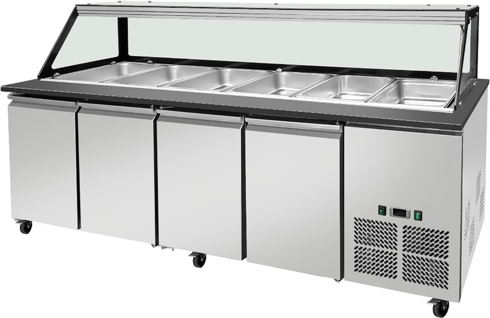 Skyrainbow SNACK-Line, Kalte Theke, 6x GN1/1, Granit Star Galaxy schwarz, 223x82x85.5 Glasaufbau Klarglas schwarzer Rand, ohne Zwischenablage H=396mm