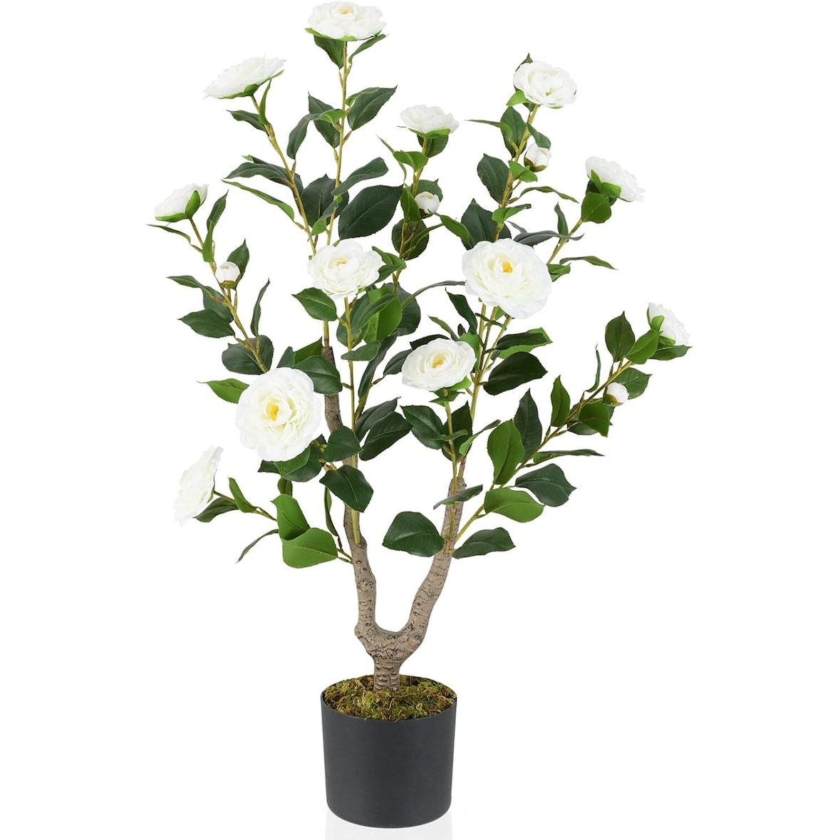 COSTWAY 90 cm Künstlicher Baum mit Blumen, Künstlicher Kamelienbaum, Künstliche Pflanze im Topf, Kamelienpflanze mit 16 Blumen