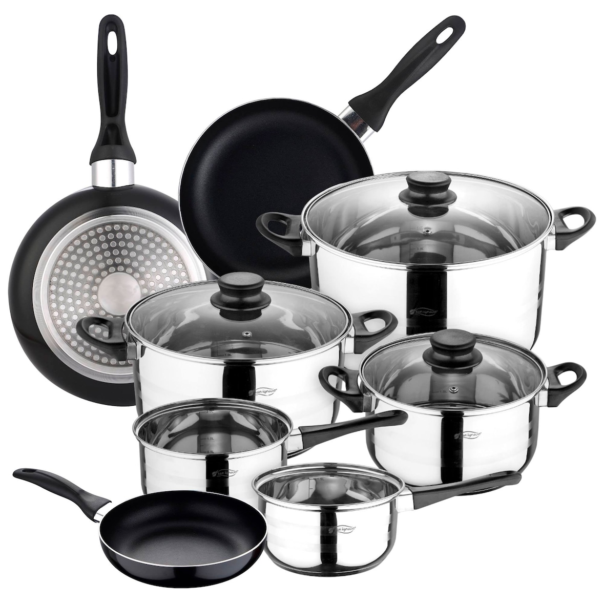 WellHome - 4-teiliges Edelstahl-Kochgeschirr-Set mit 3 Pfannen 16/20/24 cm Gepresstes Aluminium Induktion