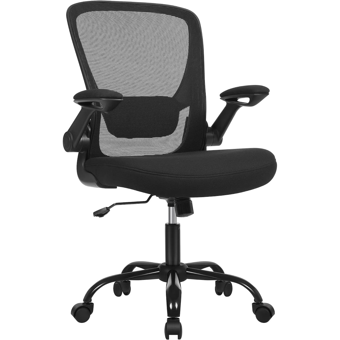 Bürostuhl mit Netzbespannung, klappbare Armlehnen, große Sitzfläche, gepolsterte Lendenstütze, Wippfunktion, bis 120 kg belastbar, schwarz